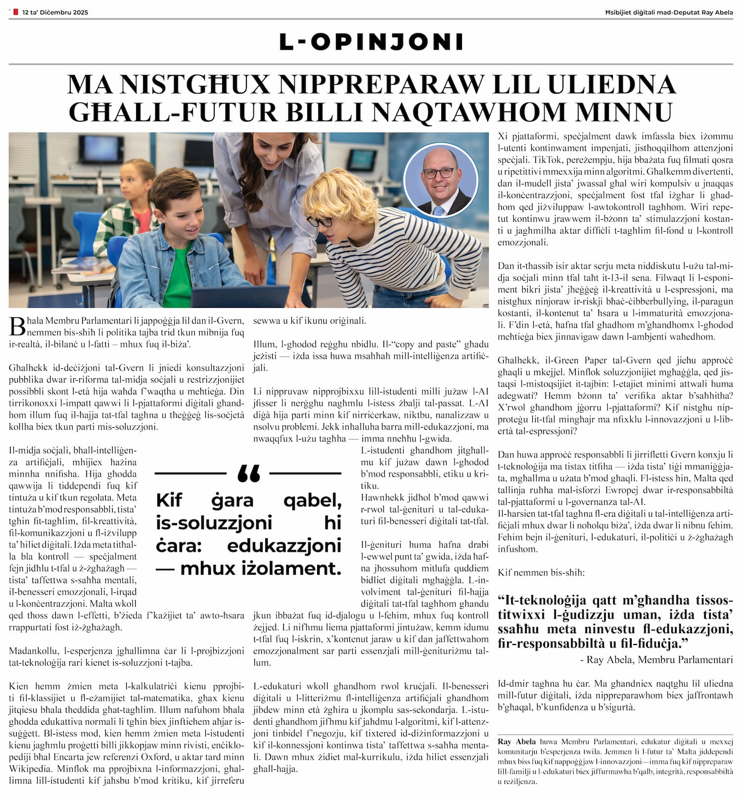 Ray Abela — article excerpt, L-Opinjoni, December 12, 2025